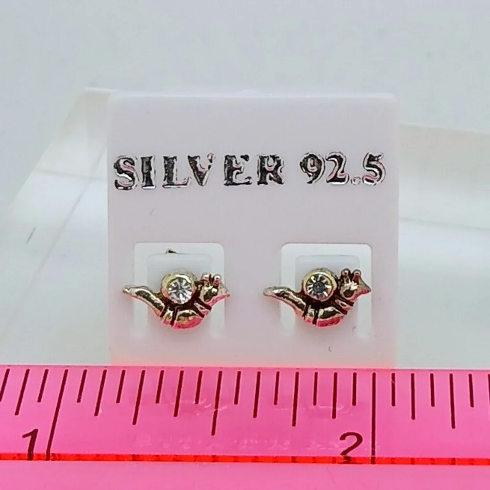 Vintage 1990s Thai Sterling Silver 925 Snail Stud Earrings Crystal Tiny Nature